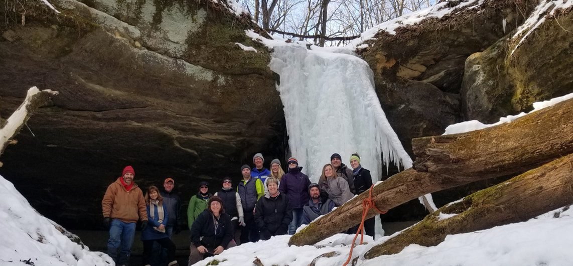 hikers at the ice cave at the KVR