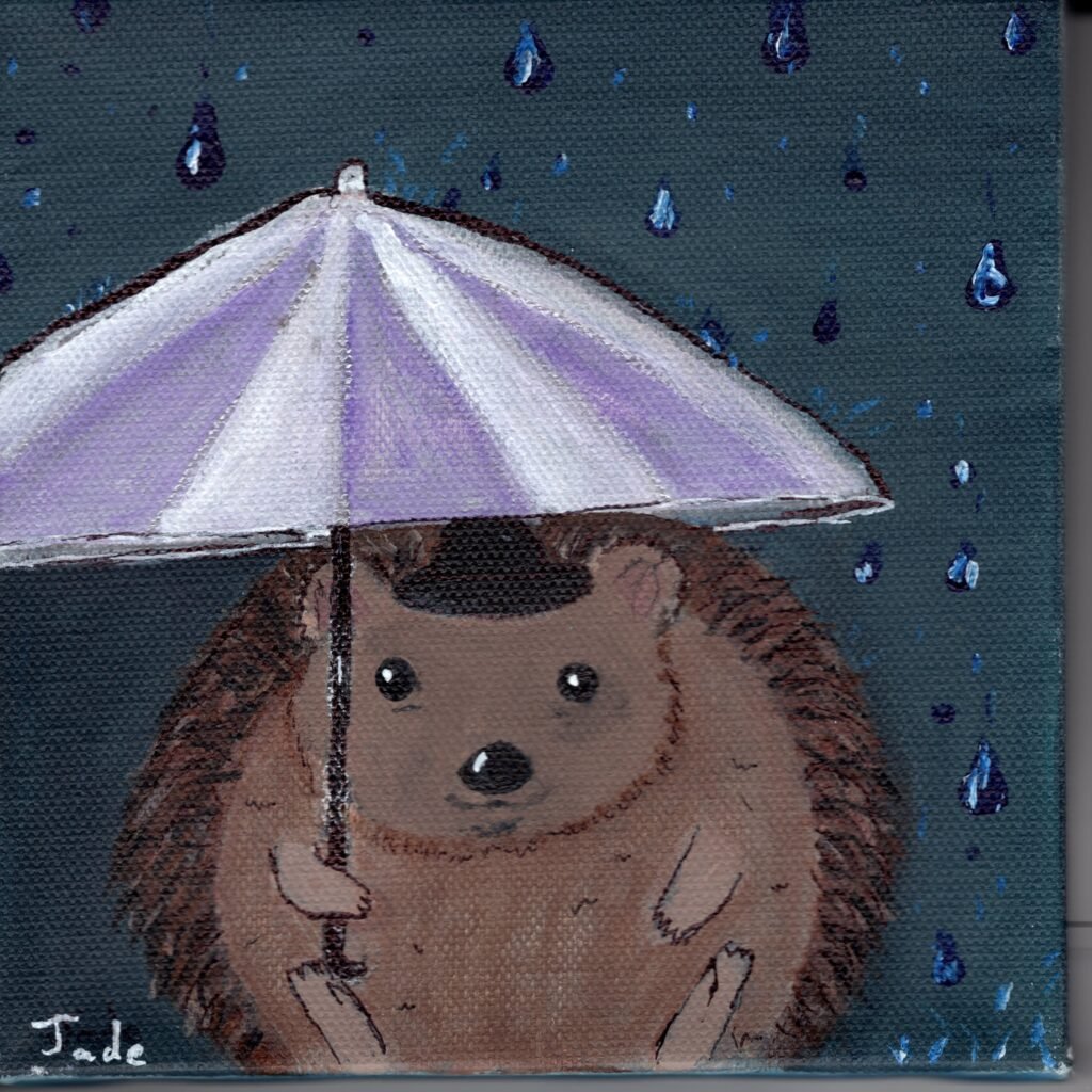 Small painting of a rodent under an umbrella